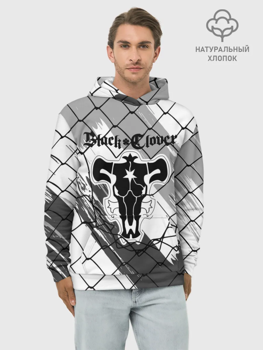 Худи мужской база хлопок / Чёрный клевер бык за решеткой.