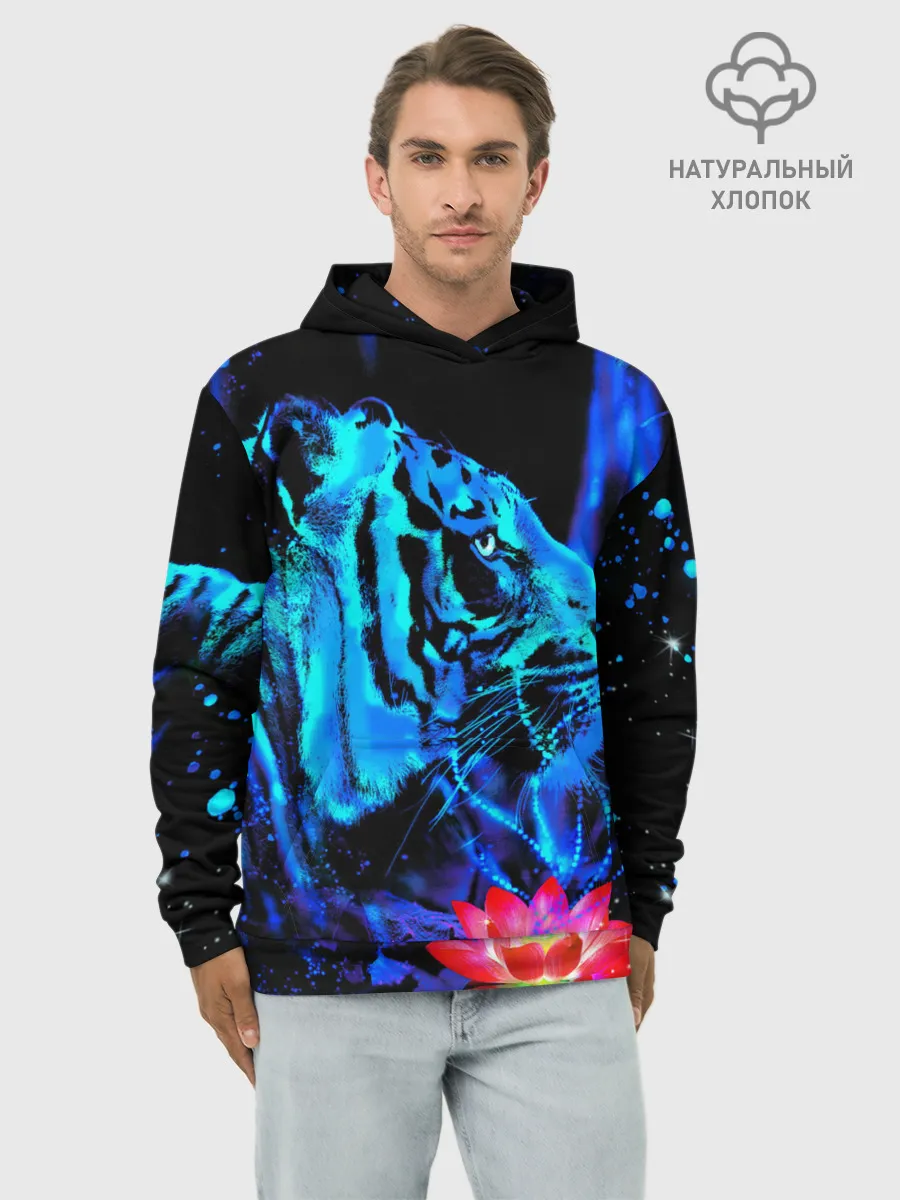 Худи мужской база хлопок / Синий водяной тигр
