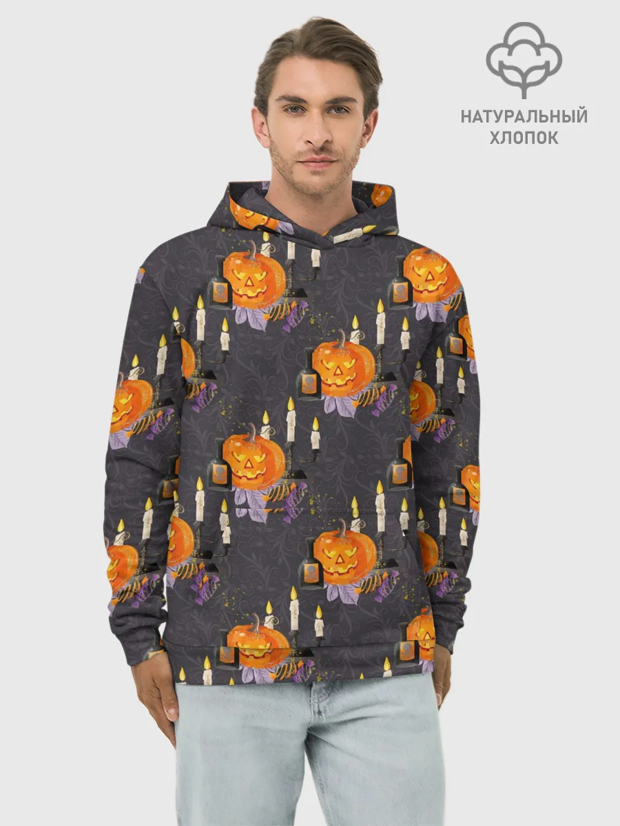 Худи мужской база хлопок / Хэллоуин - тыквы и свечи