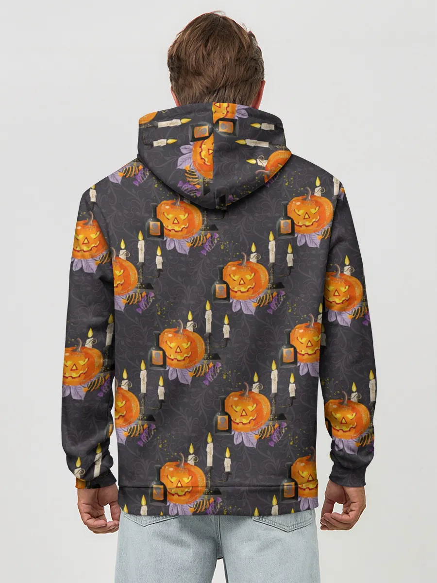 Худи мужской база хлопок / Хэллоуин - тыквы и свечи