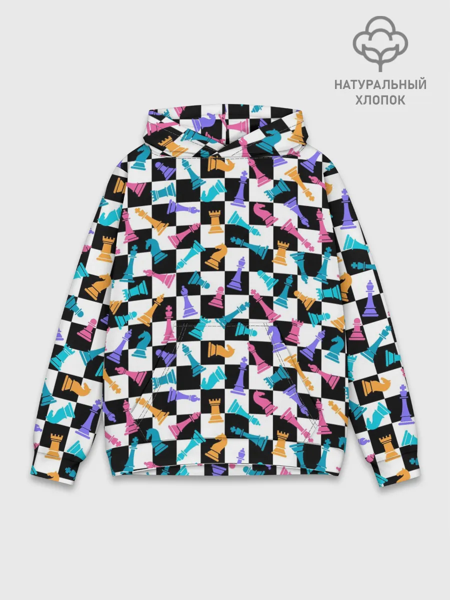 Худи мужской база хлопок / Разноцветные Шахматные Фигуры