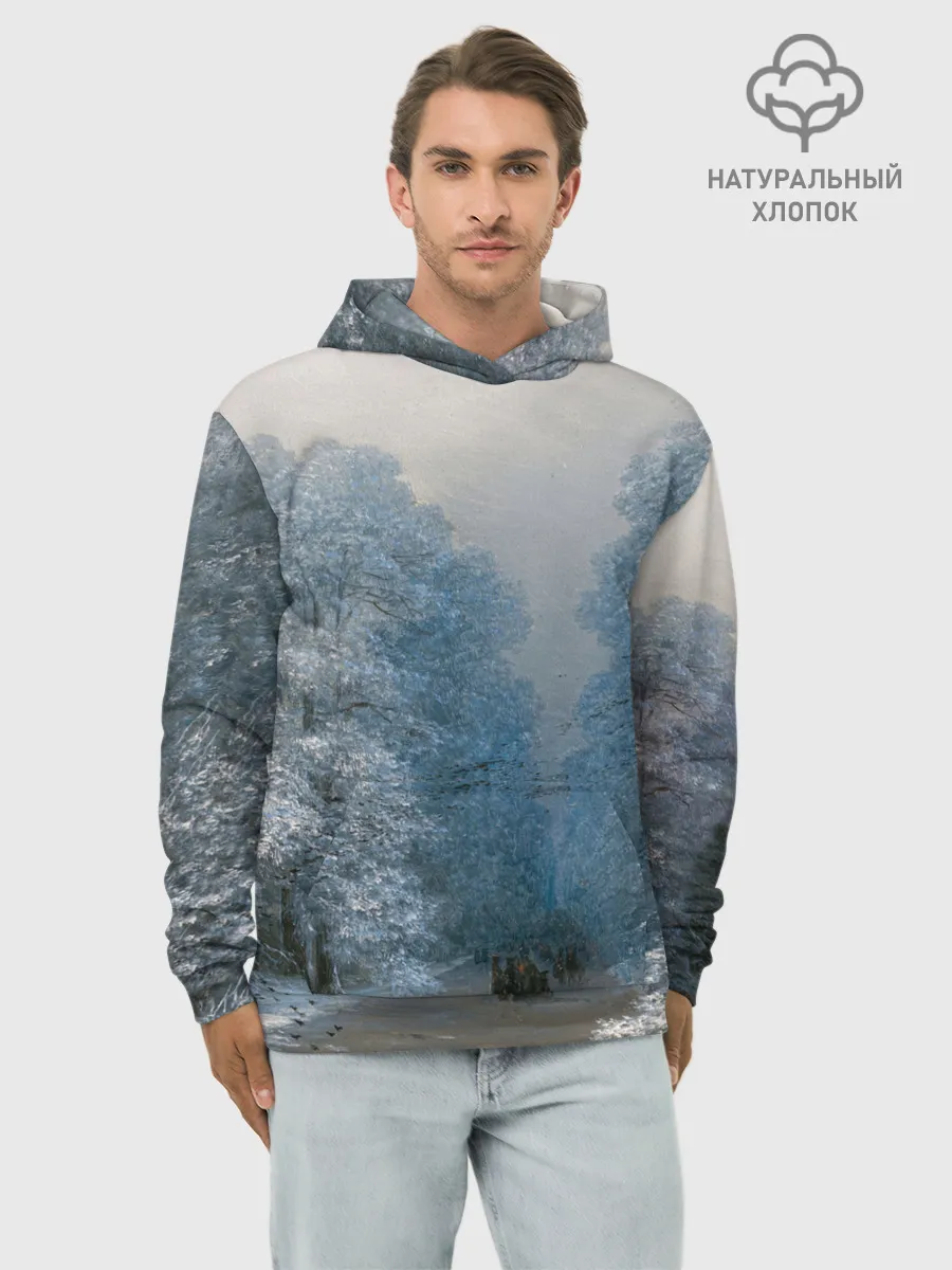 Худи мужской база хлопок / Зимний пейзаж картина маслом