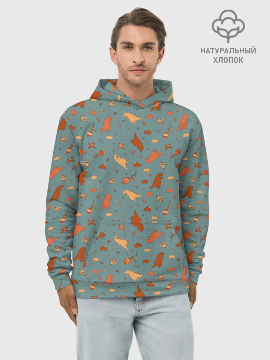 Худи мужской база хлопок / детский принт с динозаврами и звездами