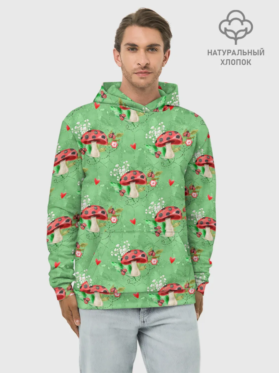 Худи мужской база хлопок / Грибы Мухоморы паттерн