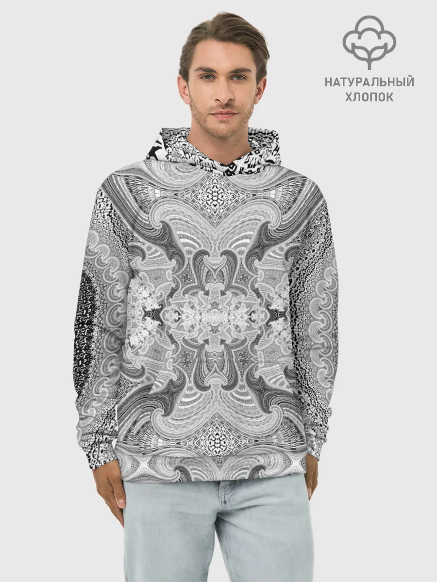 Худи мужской база хлопок / Черно-белый абстрактный узор.