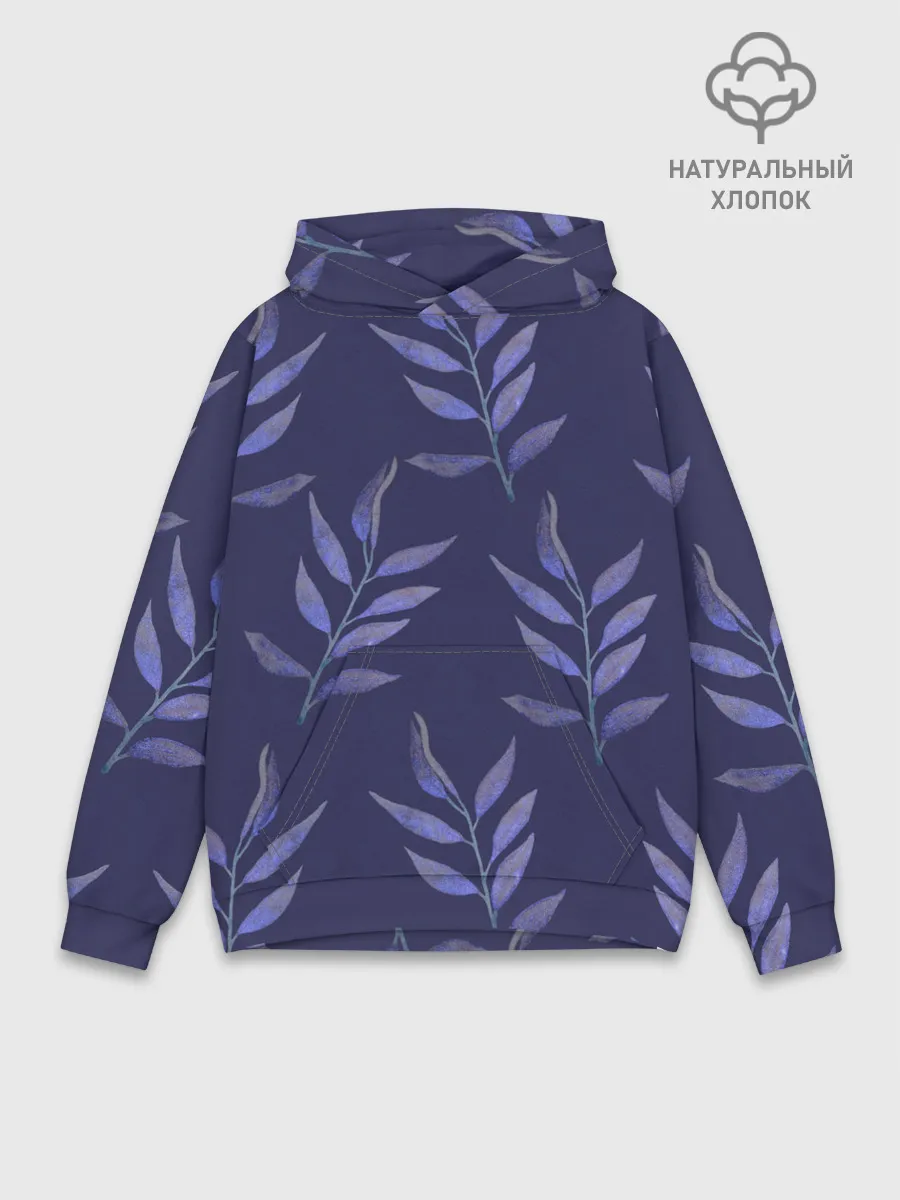 Худи мужской база хлопок / Листья на темно синем фоне