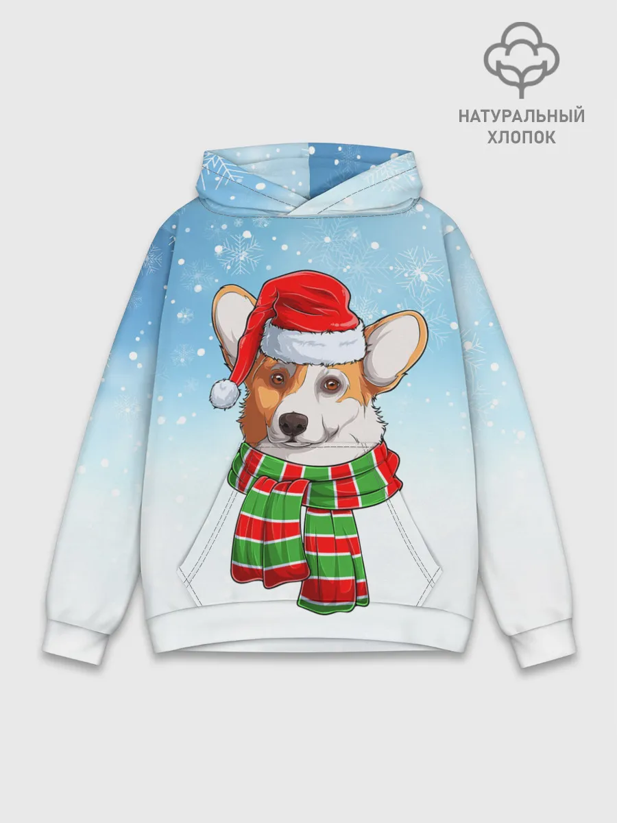 Худи мужской база хлопок / Новогодний Корги / New Years Corgi