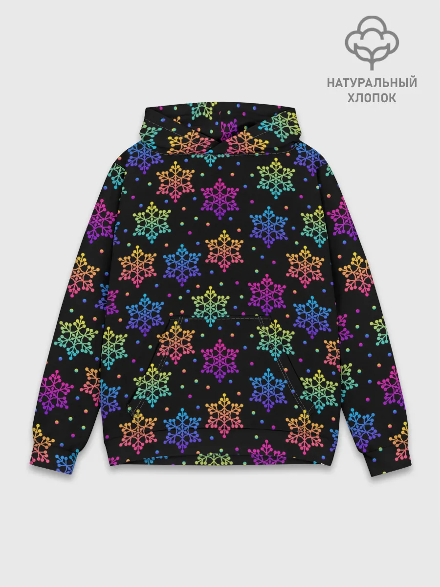 Худи мужской база хлопок / Неоновые снежинки / Neon snowflakes