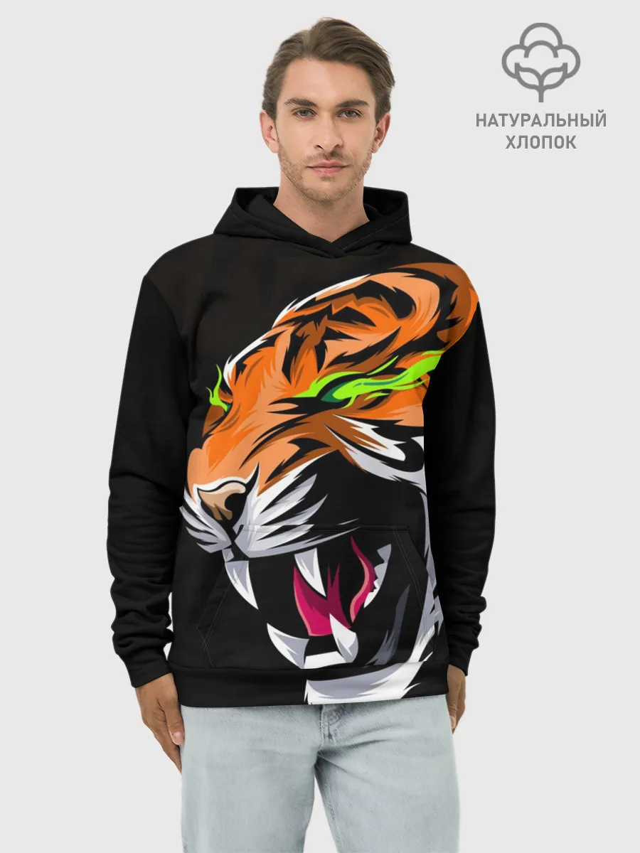 Худи мужской база хлопок / Тигр, с зелеными глазами