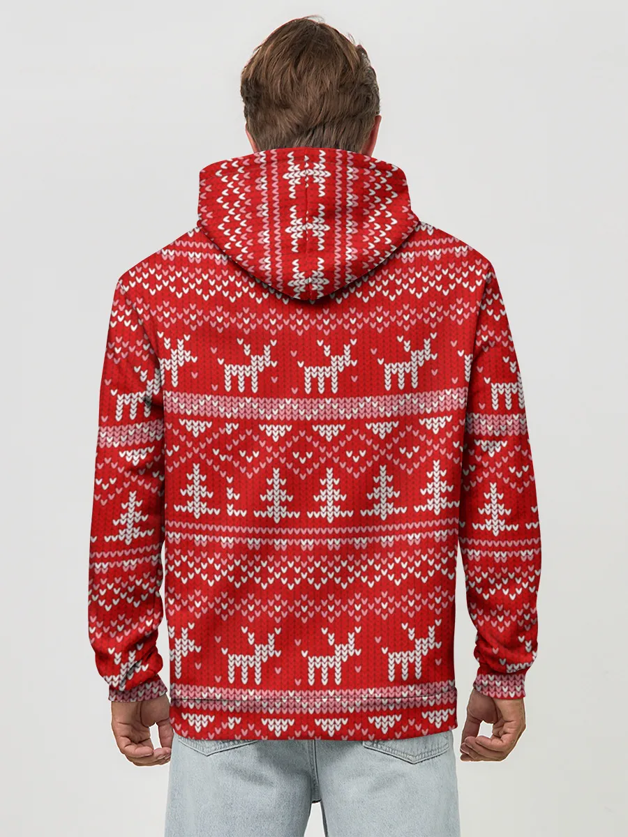 Худи мужской база хлопок / Новогодний узор с оленями и елкой