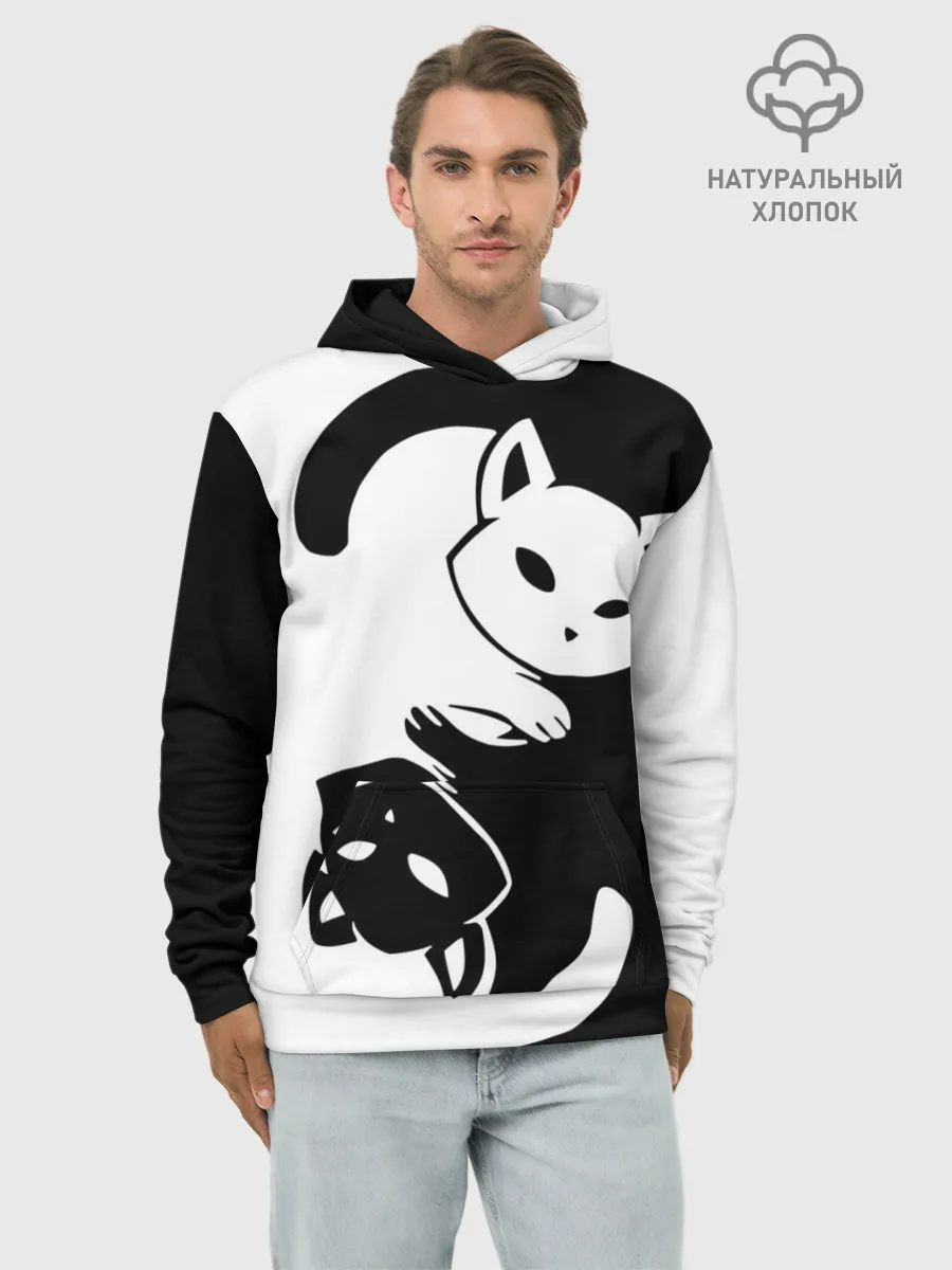 Худи мужской база хлопок / Черный и белый кот кувыркаются.