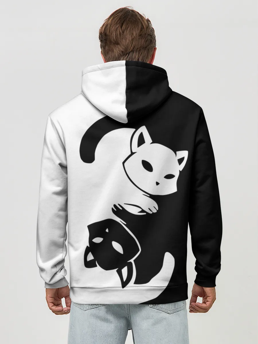 Худи мужской база хлопок / Черный и белый кот кувыркаются.