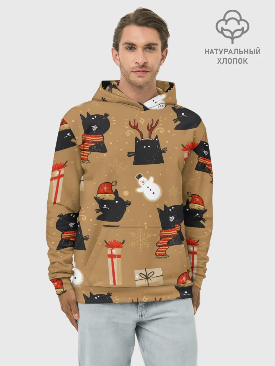 Худи мужской база хлопок / Черные новогодние коты