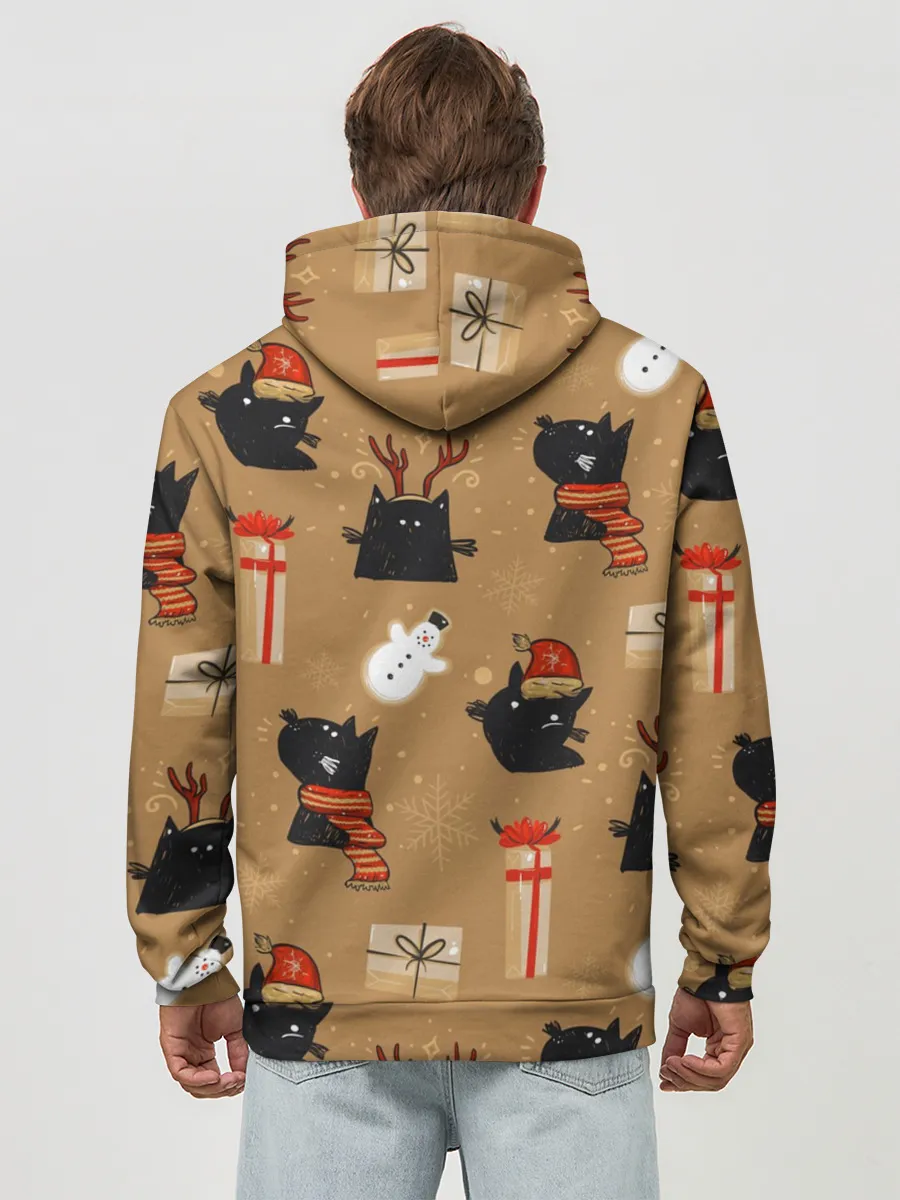 Худи мужской база хлопок / Черные новогодние коты