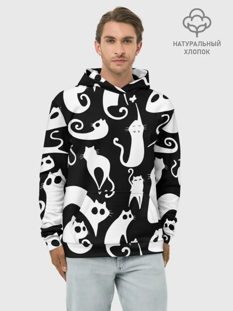 Худи мужской база хлопок / Белые коты на черном фоне