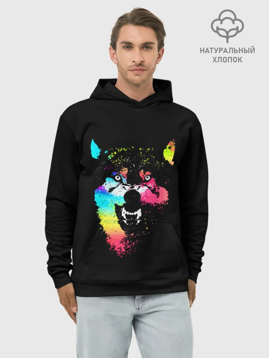 Худи мужской база хлопок / Неоновый свирепый волк
