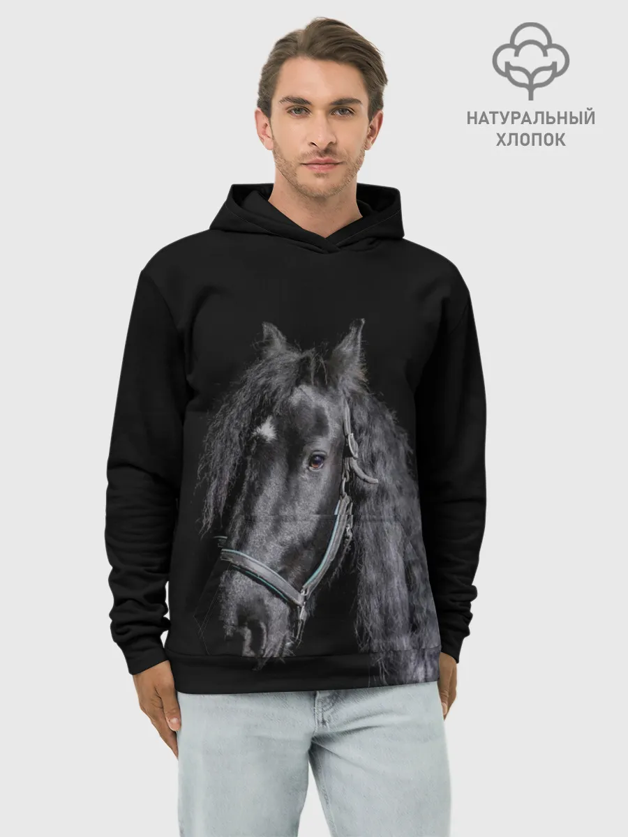Худи мужской база хлопок / Лошадь на черном фоне