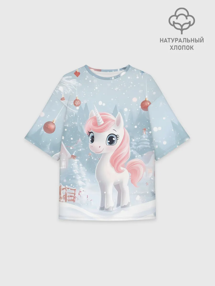 Женская футболка оверсайз хлопок / Пони Новый год