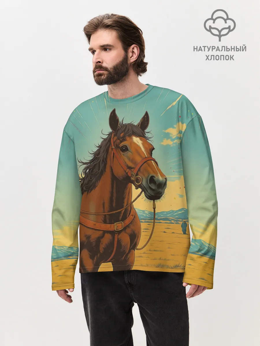 Мужской лонгслив оверсайз хлопок / Loshad_v_pustine