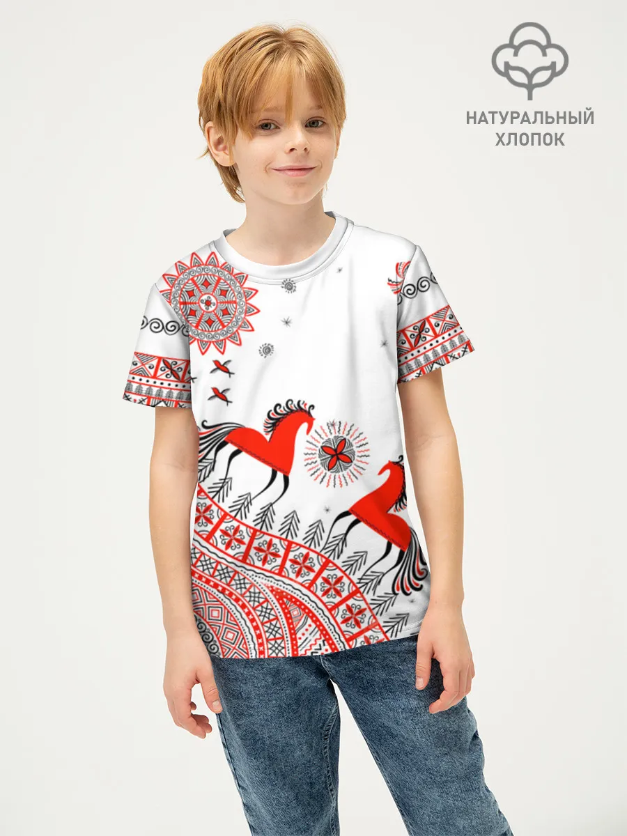 Детская футболка хлопок / Мезенская роспись Horse Kids