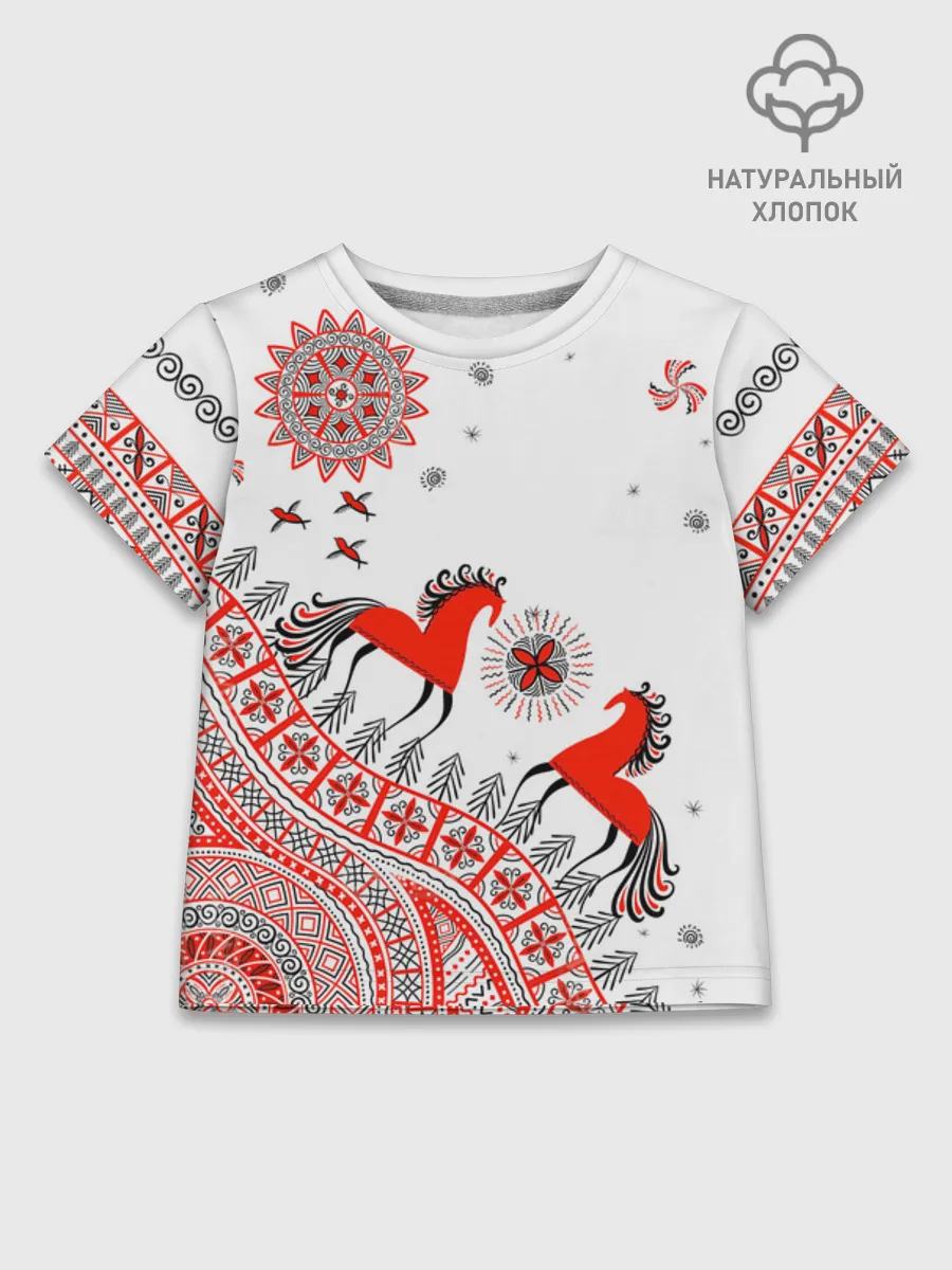 Детская футболка хлопок / Мезенская роспись Horse Kids