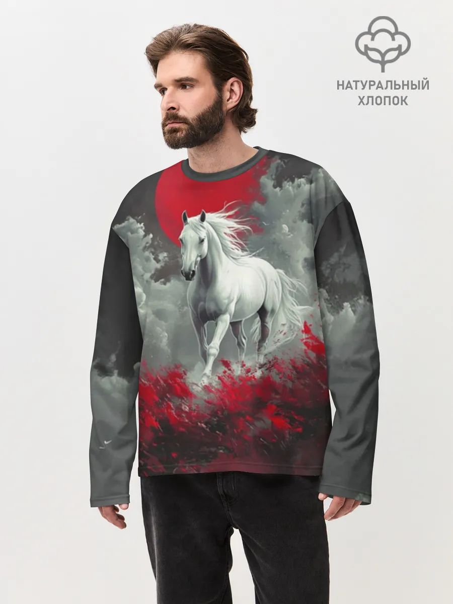Мужской лонгслив оверсайз хлопок / Лошадь угли