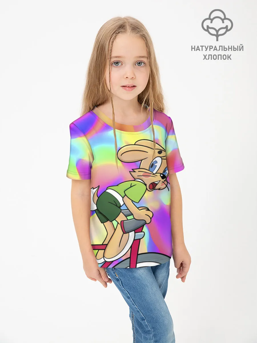 Детская футболка хлопок / Заяц на велосипеде