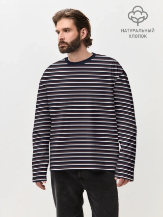 Мужской лонгслив оверсайз хлопок / Тёмно-синяя полоска