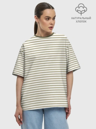 Женская футболка оверсайз хлопок / Зелёная приглушённая полоска