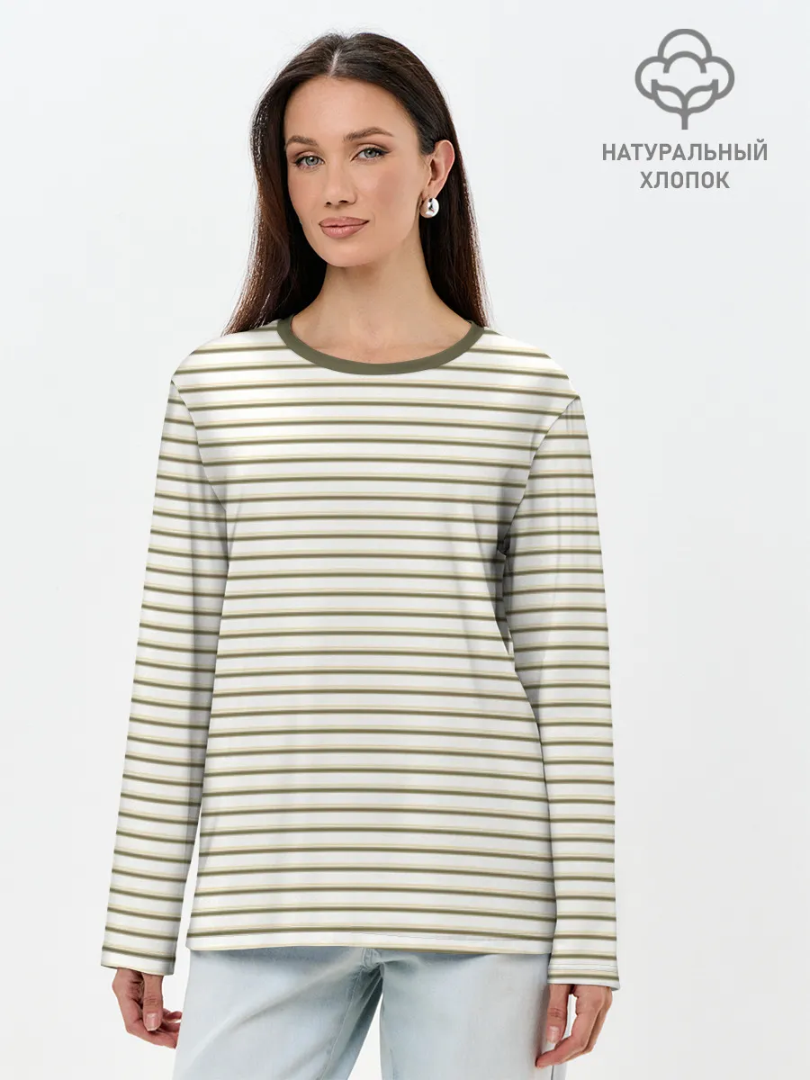 Лонгслив женский. Хлопок / Зелёная приглушённая полоска