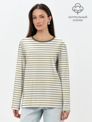 Лонгслив женский. Хлопок / Зелёная приглушённая полоска