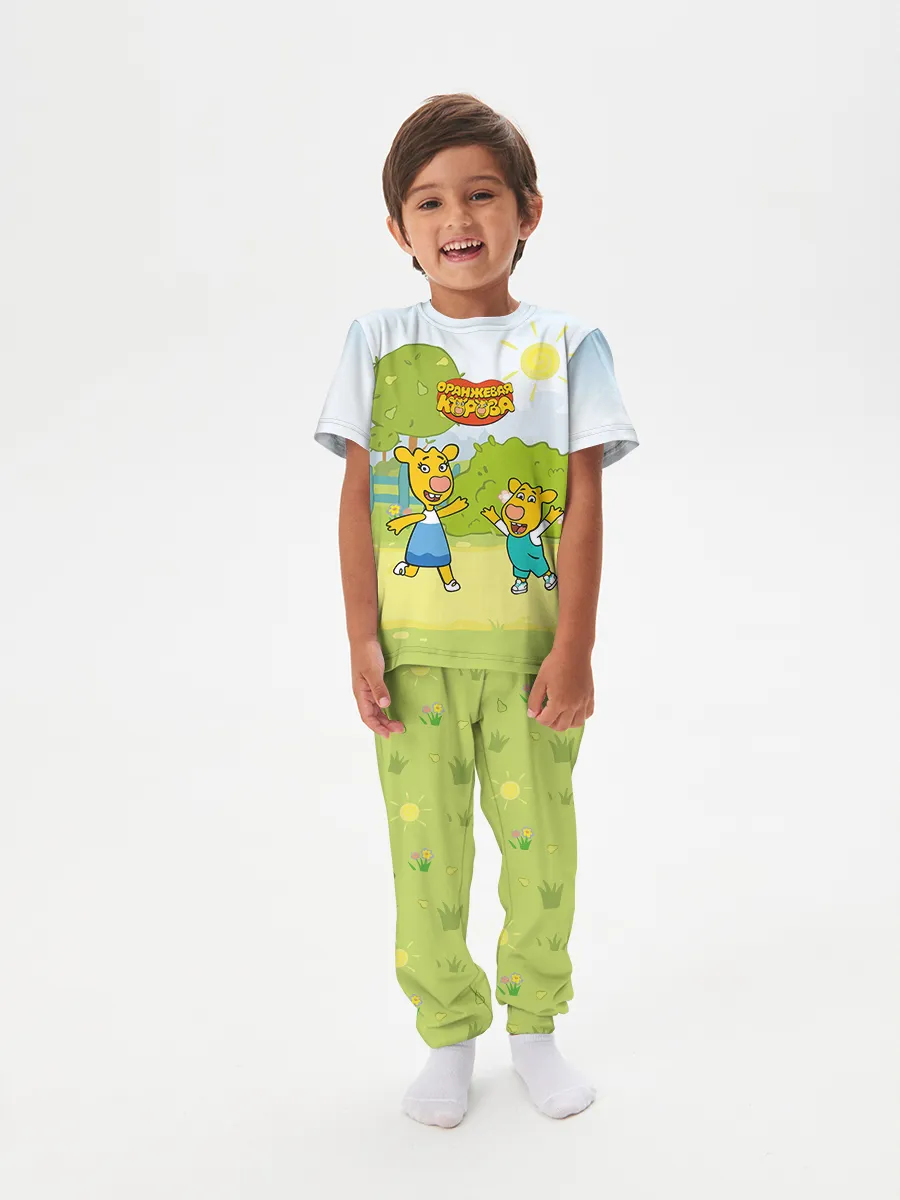 Детская пижама с брюками хлопок / Оранжевая корова Green