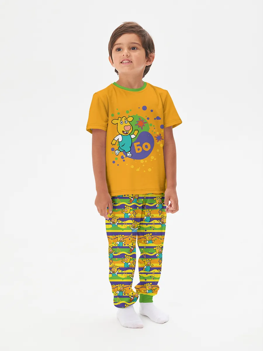 Детская пижама с брюками хлопок / Оранжевая корова Stripes