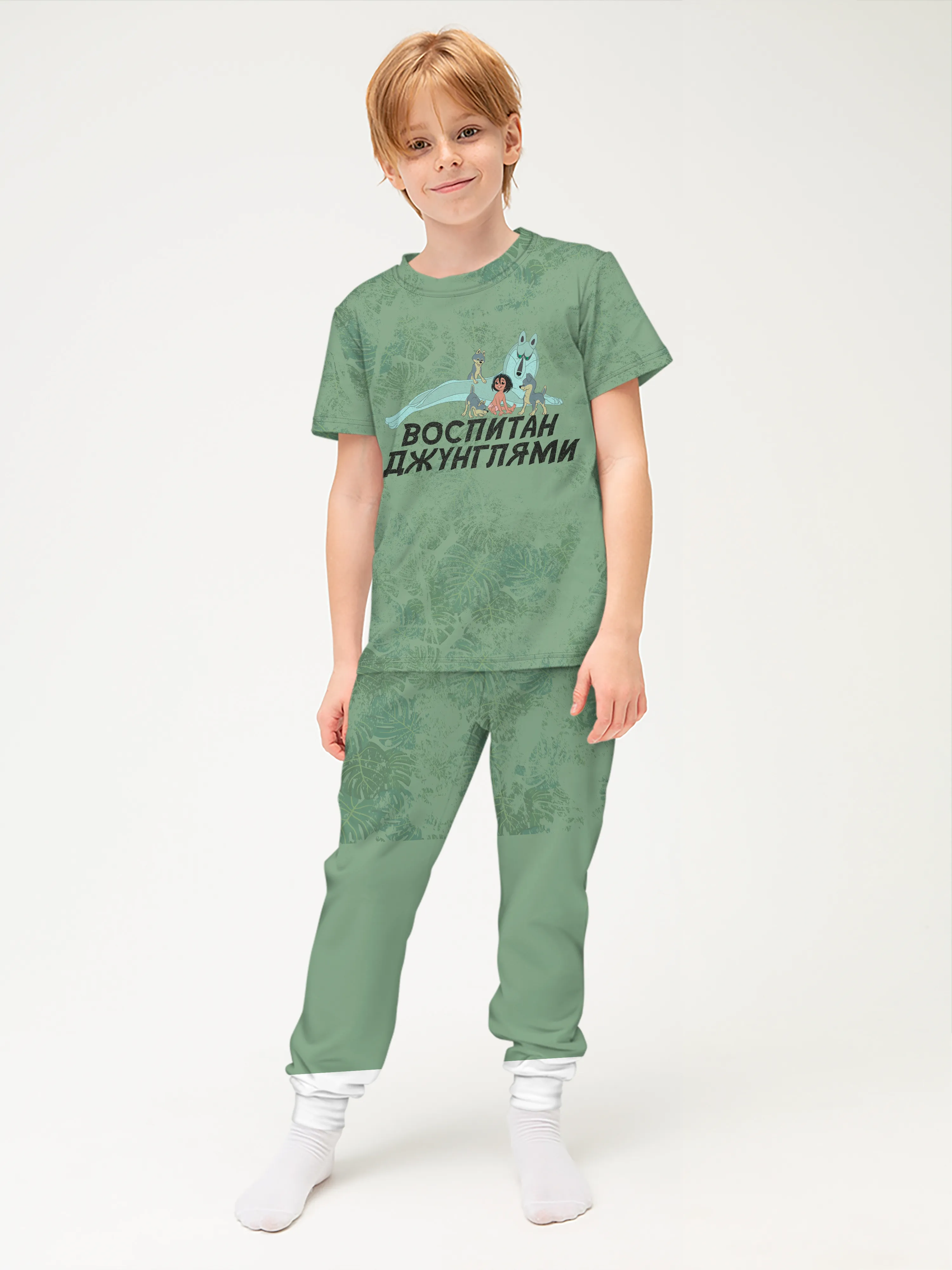 Детская пижама с брюками хлопок / P014_MaugliGreen