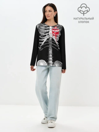 Лонгслив женский. Хлопок / Скелет с сердцем
