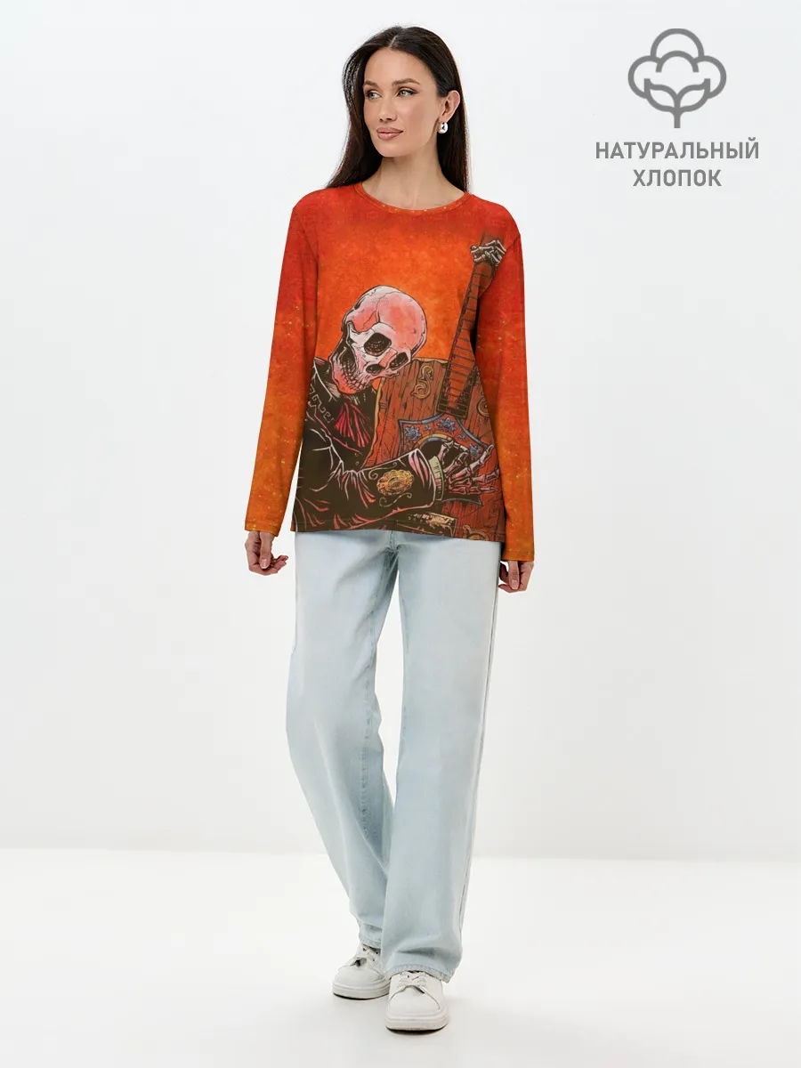 Лонгслив женский. Хлопок / Скелет с гитарой