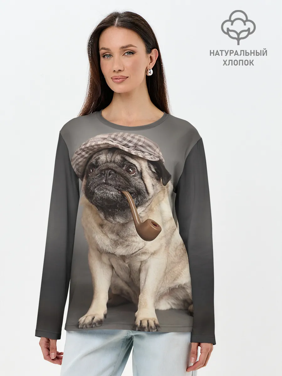 Лонгслив женский. Хлопок / Мопс в кепке