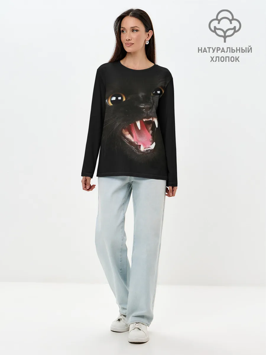Лонгслив женский. Хлопок / Черный кот