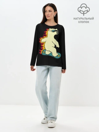 Лонгслив женский. Хлопок / Мишка на борде