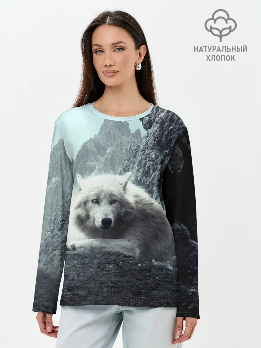 Лонгслив женский. Хлопок / Волк в горах