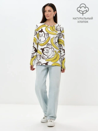 Лонгслив женский. Хлопок / Обезьянки и бананы