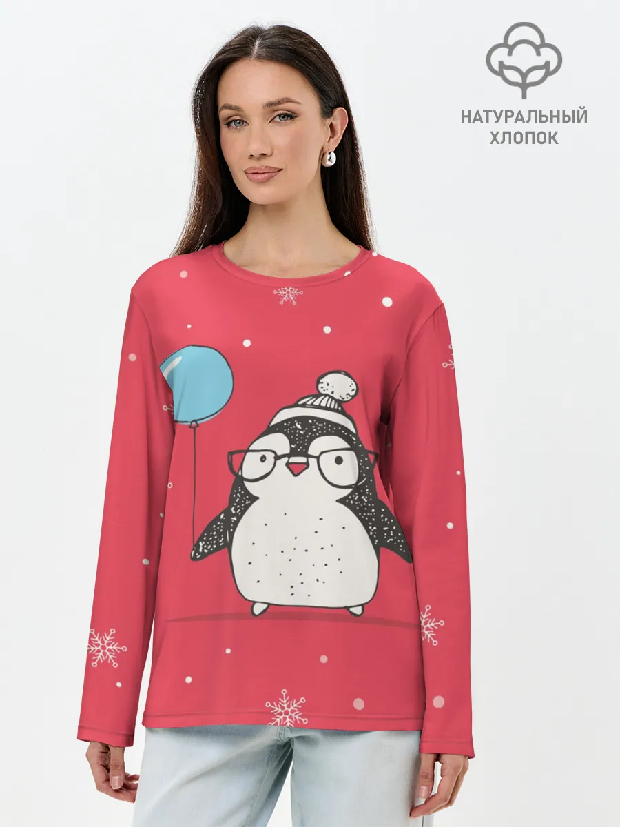 Лонгслив женский. Хлопок / Пингвин с шариком