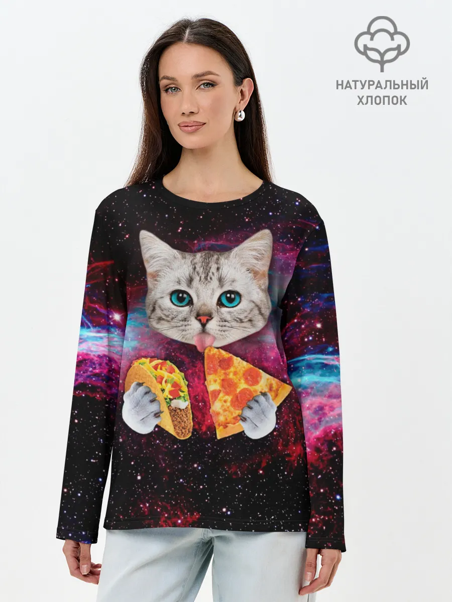Лонгслив женский. Хлопок / Кот с едой