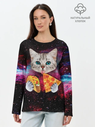 Лонгслив женский. Хлопок / Кот с едой
