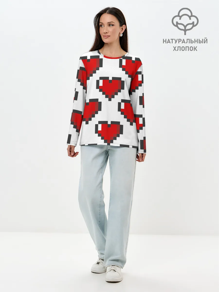 Лонгслив женский. Хлопок / Пиксельные сердечки