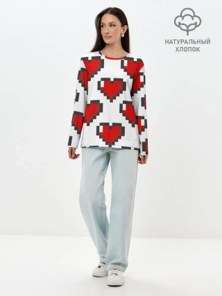 Лонгслив женский. Хлопок / Пиксельные сердечки