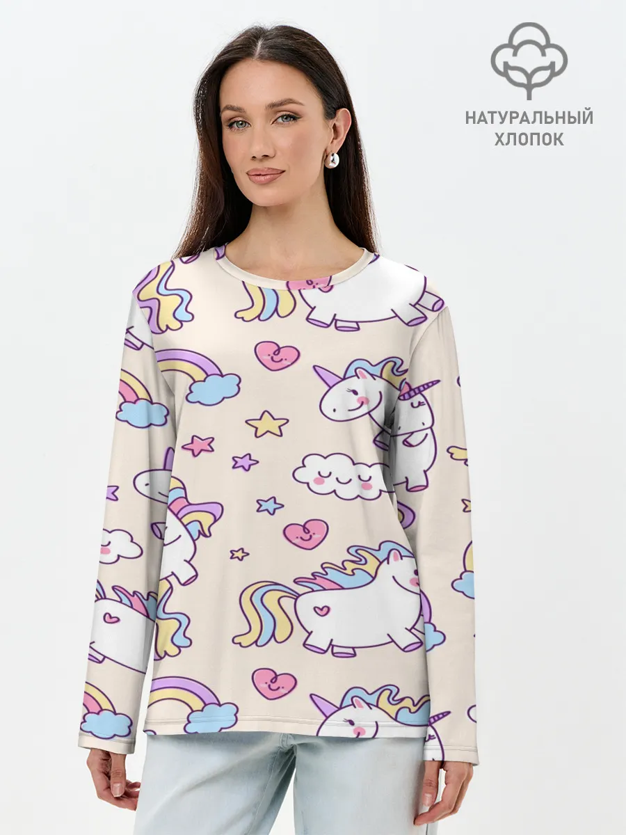Лонгслив женский. Хлопок / Радужные Единорожки