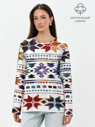 Лонгслив женский. Хлопок / Снежинки акварель