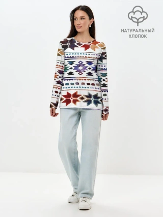 Лонгслив женский. Хлопок / Снежинки акварель