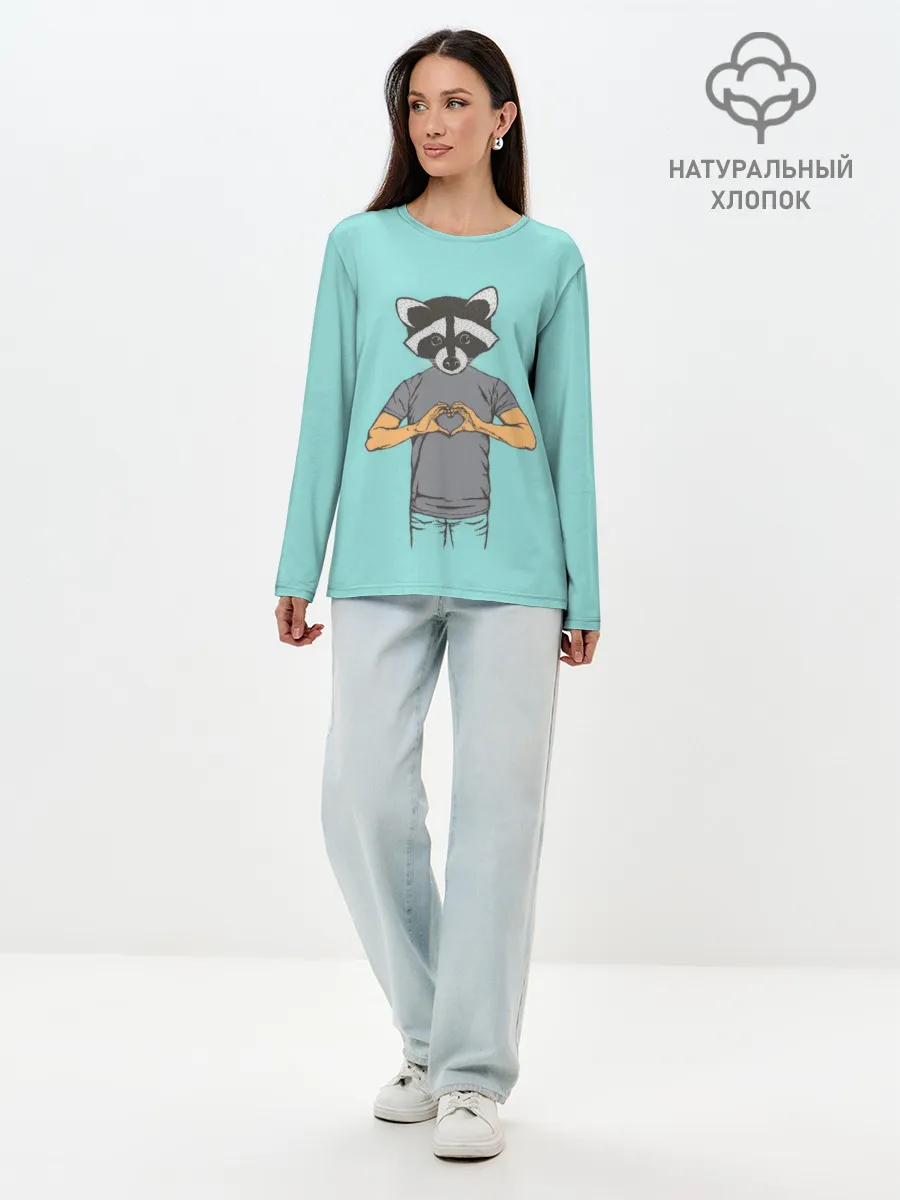 Лонгслив женский. Хлопок / Енот Хипстер Love